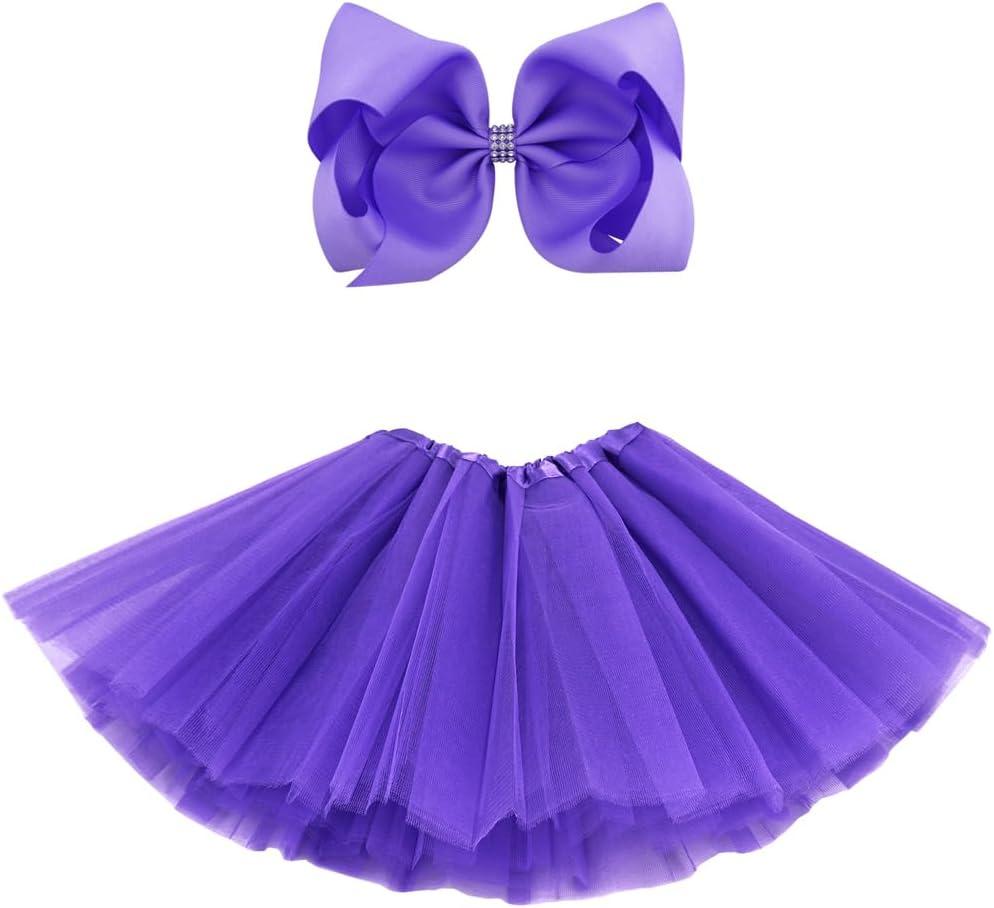 BGFKS 5 Layered Tulle Tutu Skirt for Girls with Hairbow, Ballet Dressing Up Kid Tutu Skirt (2-8 Years, Dark Purple)