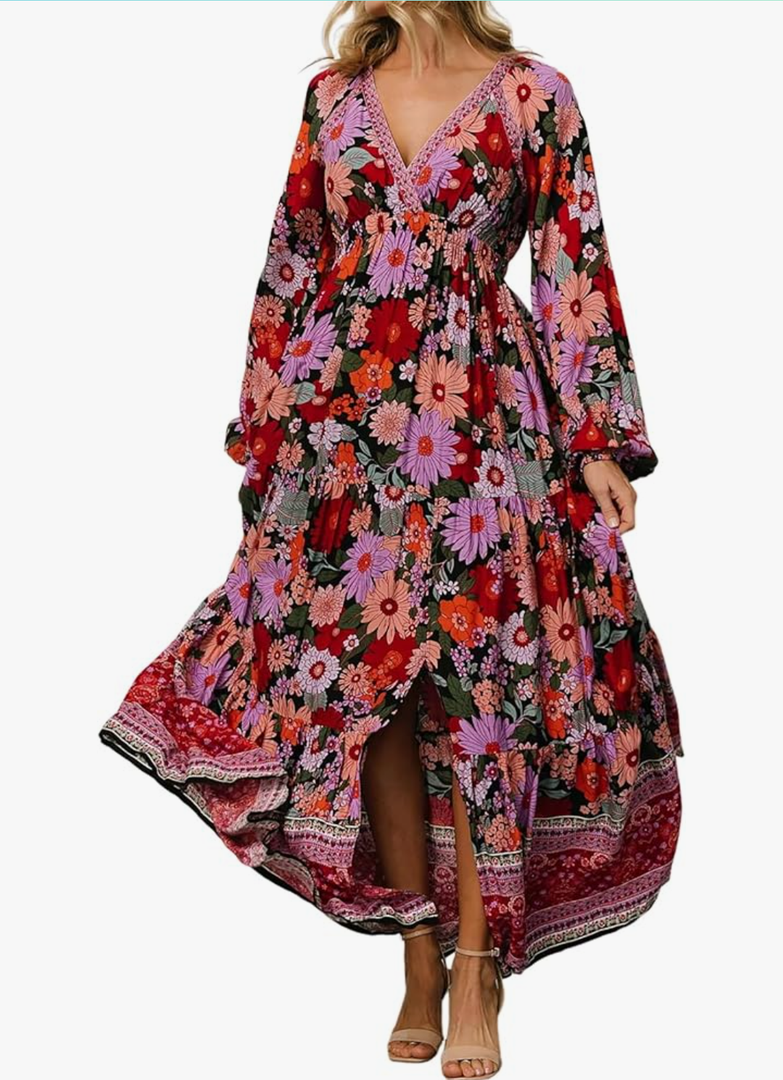 R.Vivimos Women's Boho Floral Print Maxi Dress V Neck Long Sleeve Elastic Waist Casual Flowy Slit Long Sundress
