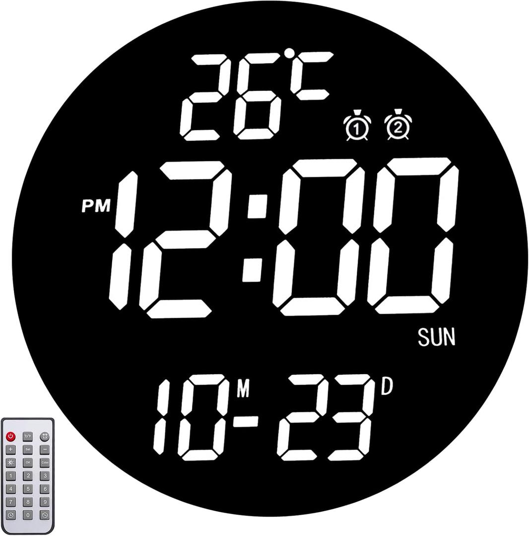 Large 12" White Digital Wall Clock with Remote Control | LED Display Plug-in Clock with 3 Brightness Levels & Temperature Display Perfect for Home, Gym, Classroom, Office