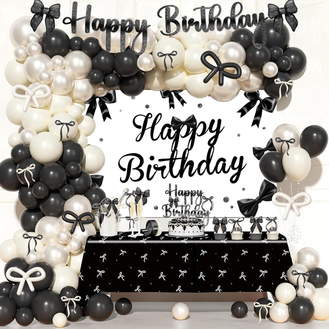 Party Inspo Black Bow Birthday Decorations  110 PCs Black Bow Themed Party Supplies with Backdrop, Tablecloth, Cake Topper, Banner, Cupcake Toppers, Ribbons, Balloon Garland