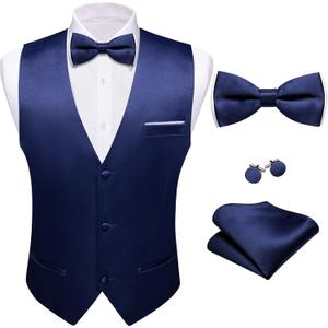 Barry.Wang Mens Suit Vest Bow Tie Set of 4 Formal V-neck Slim Fit Casual Solid Color Waistcoat Wedding Party Tuxedo (Large, Dark Blue)