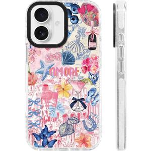 for iPhone 16 Case [Military-Grade Drop Protection/Luxurious Soft TPU Protective/Camera Protection/for Women & Girls]-Whimsical Romantic Pink Party Collage with Glam Disco & Bow