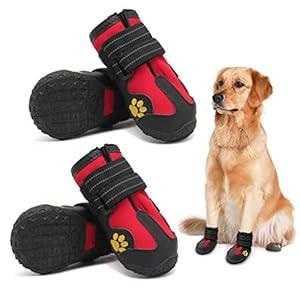 PK.ZTopia Dog Boots, Waterproof Dog Boots, Dog Rain Boots, Dog Booties with Reflective Rugged Anti-Slip Sole and Skid-Proof, Outdoor Dog Shoes for Medium to Large Dogs (Black-Red 4PCS).