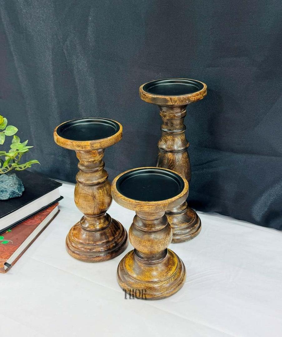 EDHAS Natural Round Turned Candle Holders for Pillar Candles Set of 3 Vintage Style Mango Wood Candle Holder for Centerpiece for Dining, Living Room