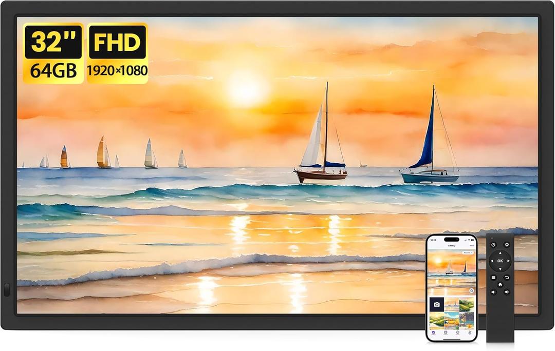 Uhale 32 Inch Extra Large Digital Picture Frame with 64GB, Remote Control, 1920 x 1080 FHD IPS WiFi Electronic Photo Frames, Support SD and USB, Share Moments Securely and Instantly, No Touch Screen