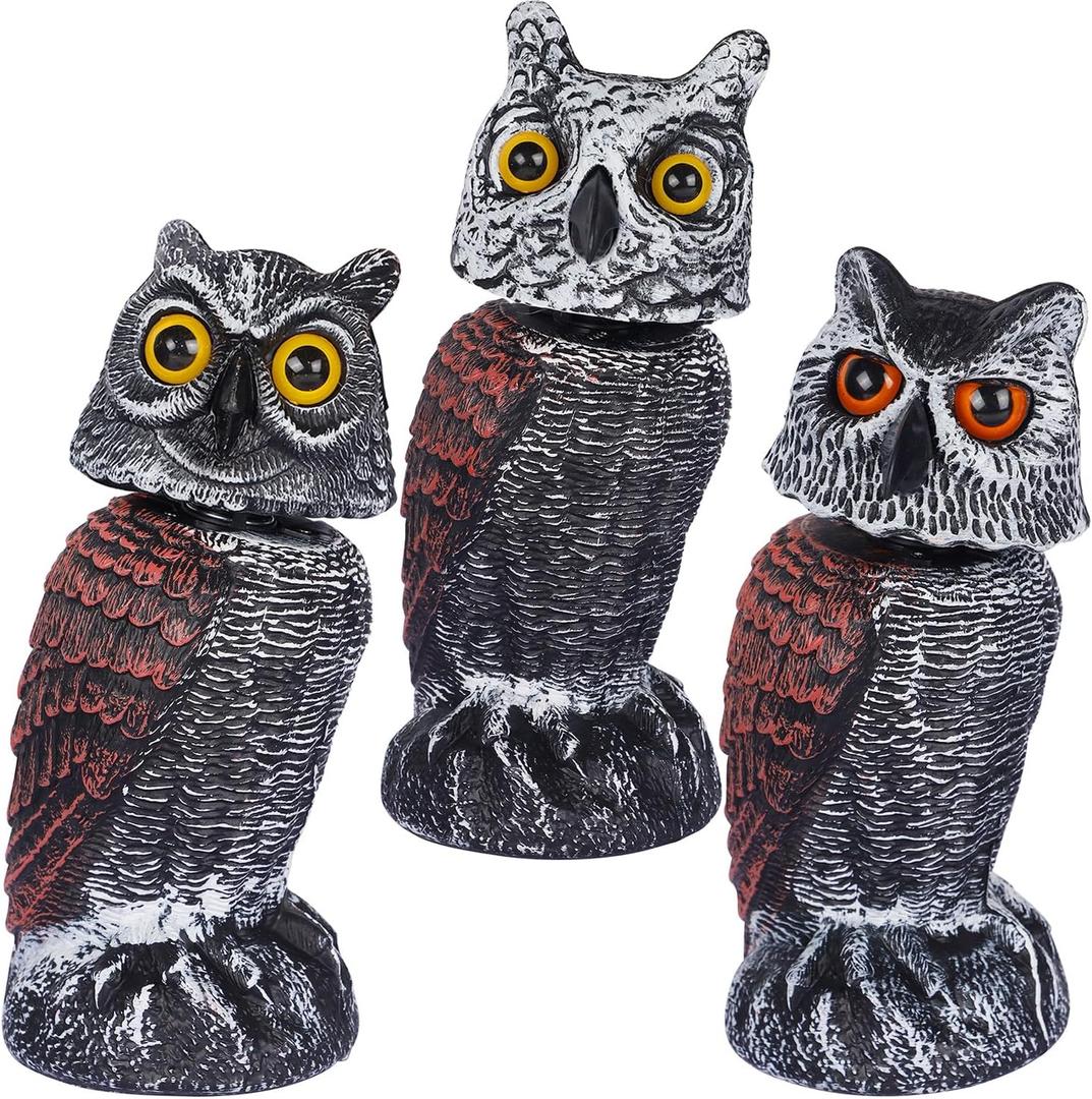 Hausse 3 Pack Bird Scarecrow Fake Horned Owl Decoy, Rotating Head Plastic Owl Bird Deterrents, Nature Enemy Horned Pest Repellent for Outdoor Garden