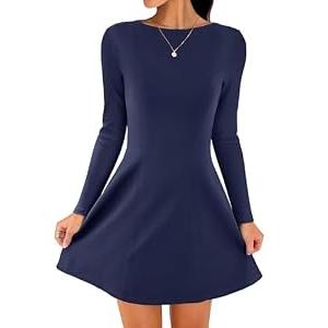 ANRABESS Women's Long Sleeve A-Line Mini Dress 2025 Fall Boat Neck Semi Formal Fit and Flare Casual Business Short Dresses Navy Blue Medium