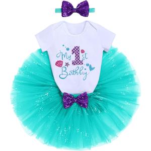 FYMNSI Mermaid 1st 2nd 3rd Birthday Outfit for Baby Girl Romper Tutu Skirt Shiny Headband Cake Smash Clothes Set Photo Props (1T, Aqua)