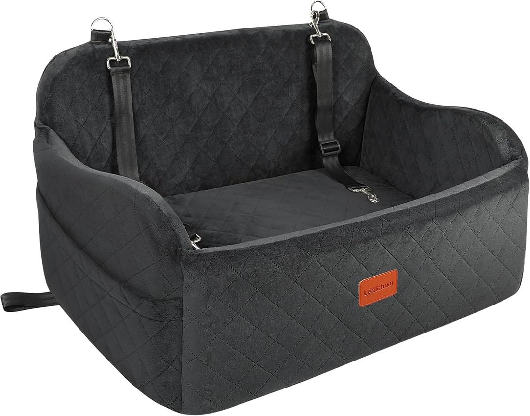 Large Dog Car Seat, Memory Foam Cushion Car Seat for 2 Small Dogs,Com fy Car Dog Bed with Side Pocket and 2 Clip-On Safety Leashes, Easy to Install Car Seat for Dogs (Black, Large)