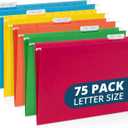 Blue Summit 75 Pack Colored Hanging File Folders Letter Size No Expansion, Colored Hanging File Folders Bulk, Assorted Colors, Designed for Bulky Files, Medical Charts, 1/5 Tabs