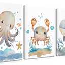 Ocean Nursery Wall Art Set of 3, Sea Animal Baby Boys Room Canvas Wall Decor Paintings, Watercolor Ocean Kids Nursery Posters Prints Pictures for Boys and Girls Room, Bedroom 12x16 Inch Framed