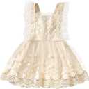 Newborn Baby Girl 1st Birthday Outfit Floral Lace Tulle Tutu Dress Cake Smash Boho Princess Toddler Summer Dresses, Beige, 12-18M