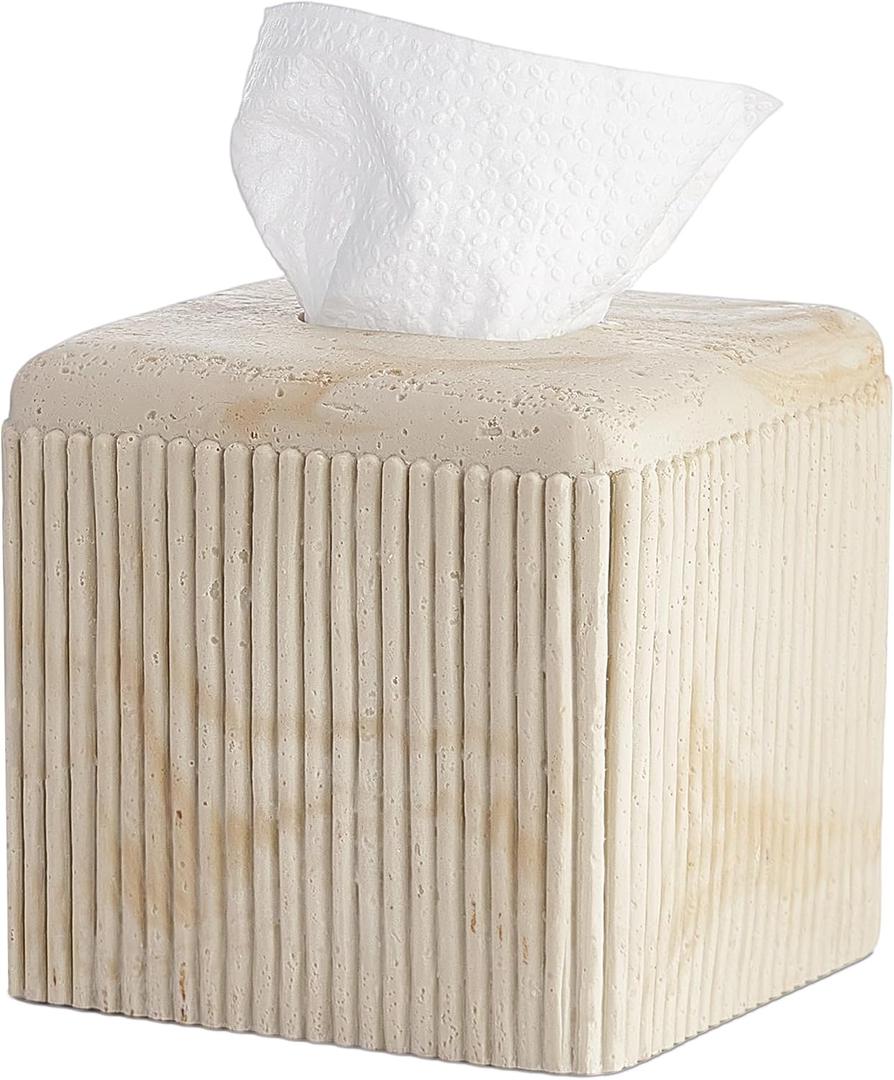 Natural Travertine Texture Striped Square Tissue Box Cover Decorative,Resin Heavy Sturdy Tissue Box Holder, Facial Paper Holder for Bathroom Vanity Countertop, Bedroom Night Stand,Office and End Table