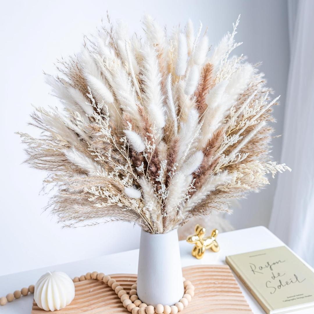 96PCS Natural Dried Pampas Grass Boho Home Decor Bouquet Phragmites Dried Flowers Bouquet for Wedding Floral Arrangements Home Decorations 