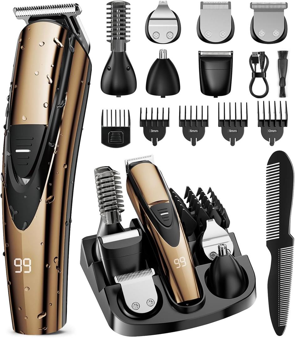 SHPAVVER Beard Trimmer for Men: Professional Barber Hair Clippers - 12-in-1 Cordless Grooming Kit - Waterproof Electric Razor with Turbo Speed & Precision Blades, Gold