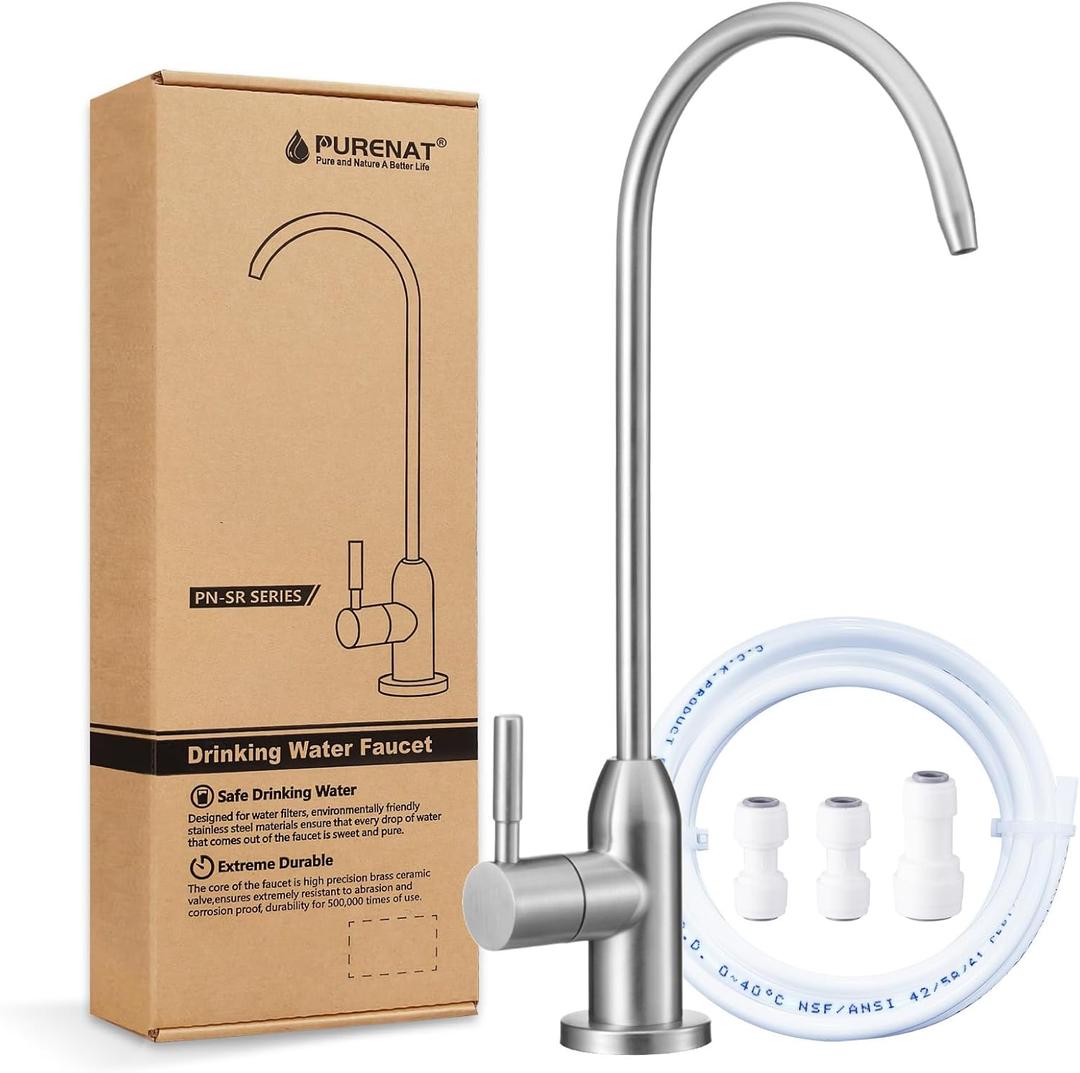 Drinking Water Faucet - Long Thread Stem Filtered Water Tap for Thick Countertop,Lead-Free RO Faucet with Hose and Push Connect Fittings (Brushed Stainless)