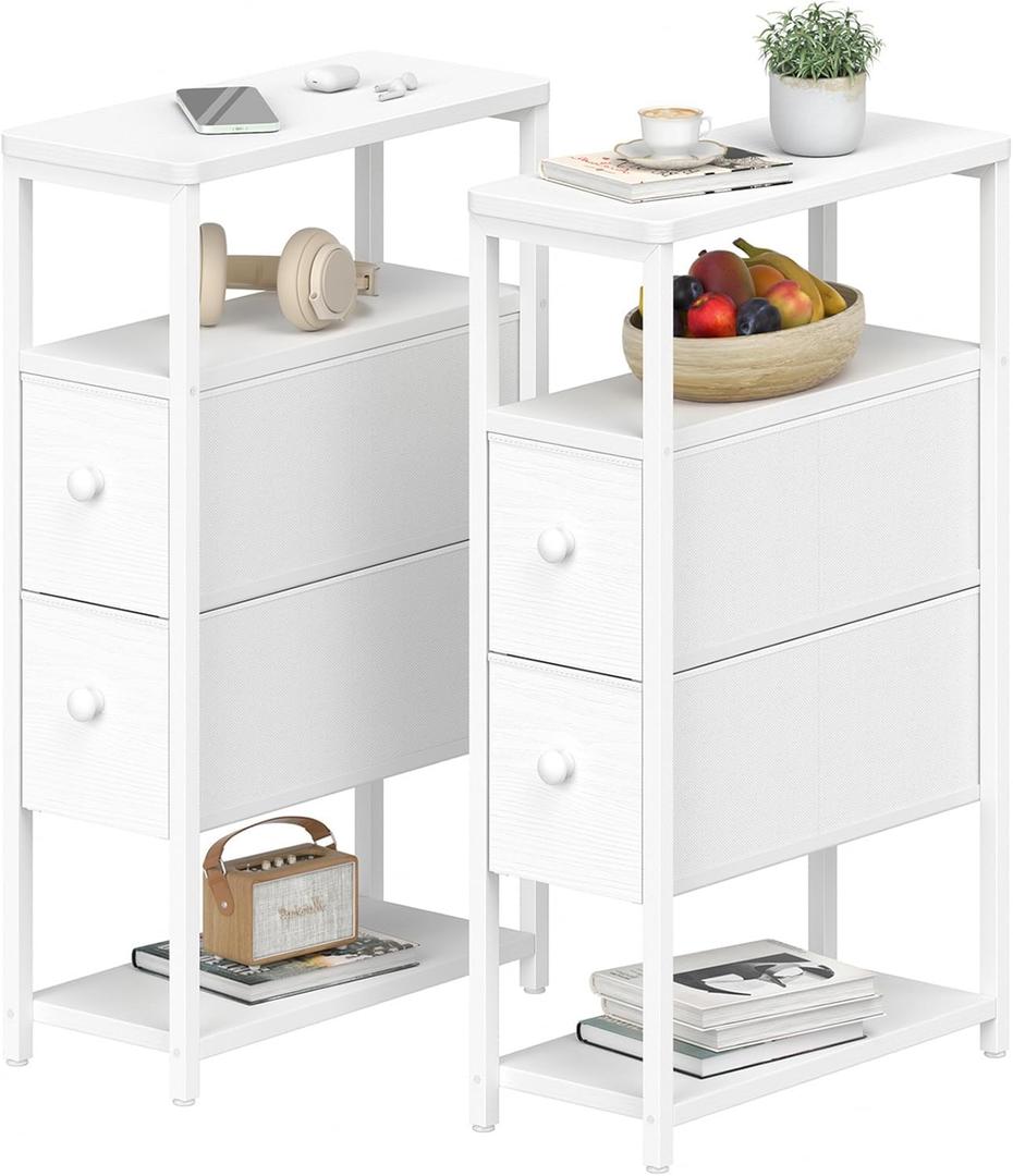 Narrow Nightstands Set 2 - Skinny Side Table Slim Night Stand for Small Space Bedroom Thin Bedsides Tables with 2 Drawers, White