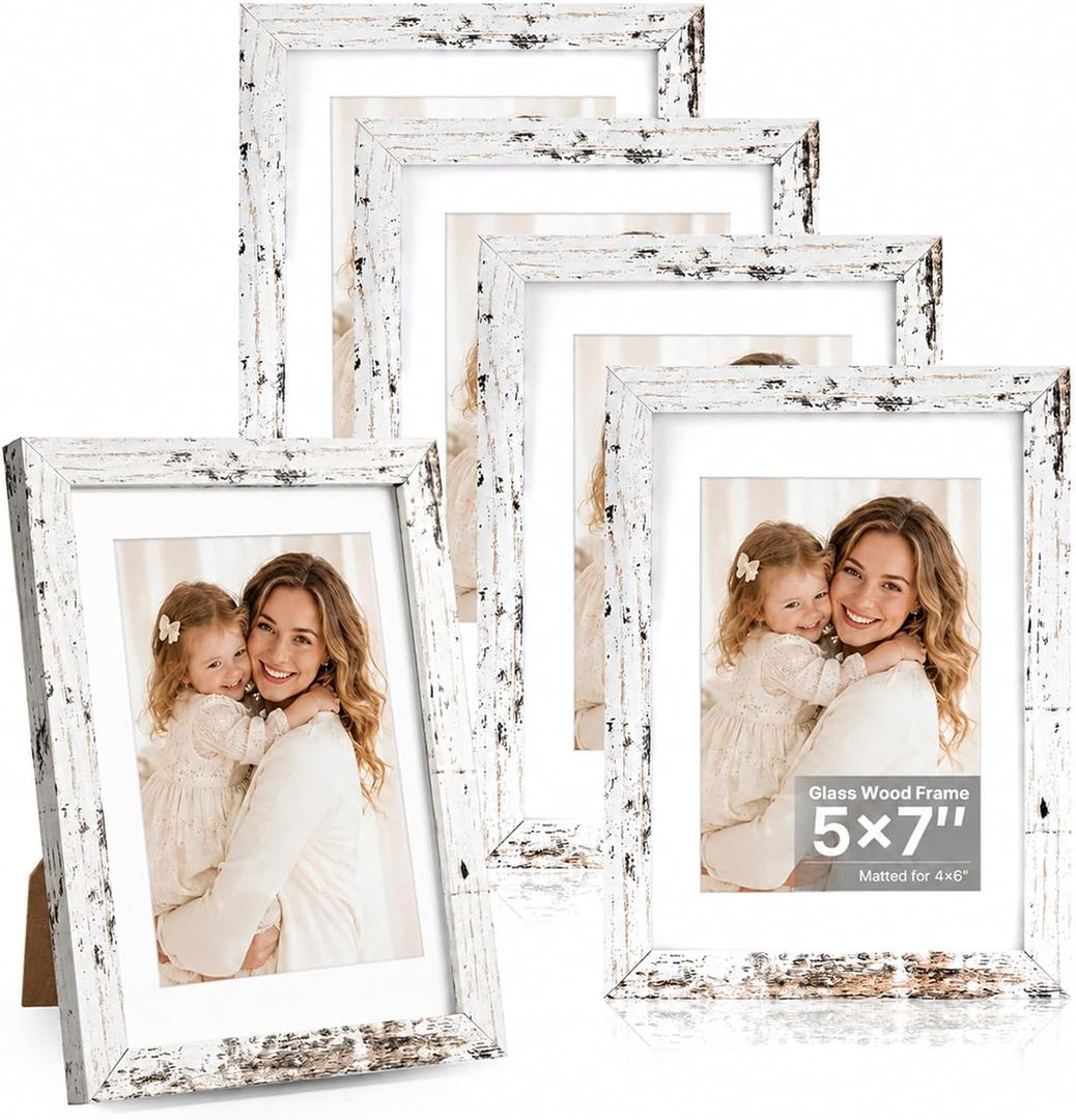 Distressed White 5x7 Picture Frame, Picture Frames 5x7 Wooden Picture Frames with Real Glass, Rustic 5 x 7 Photo Frame for Wall or Tabletop, Display Picture 4x6 with Mat or 5x 7 Without Mat (5 Pack)