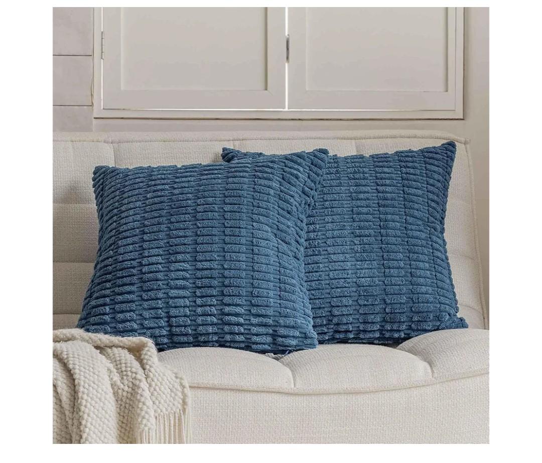 Blue Soft Corduroy Throw Pillow Covers 16x16 inch Set of 6 with Invisible Zipper for Sofa Couch Bed,Decorative Boho Solid Square Striped Cushion Covers