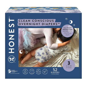 The Honest Company Comfort Dry Disposable Overnight Diapers for Sensitive Skin, Hypoallergenic, Baby Cozy Cloud and Star Signs Design Club Box Size 3 (16–28 lbs) 52 Count
