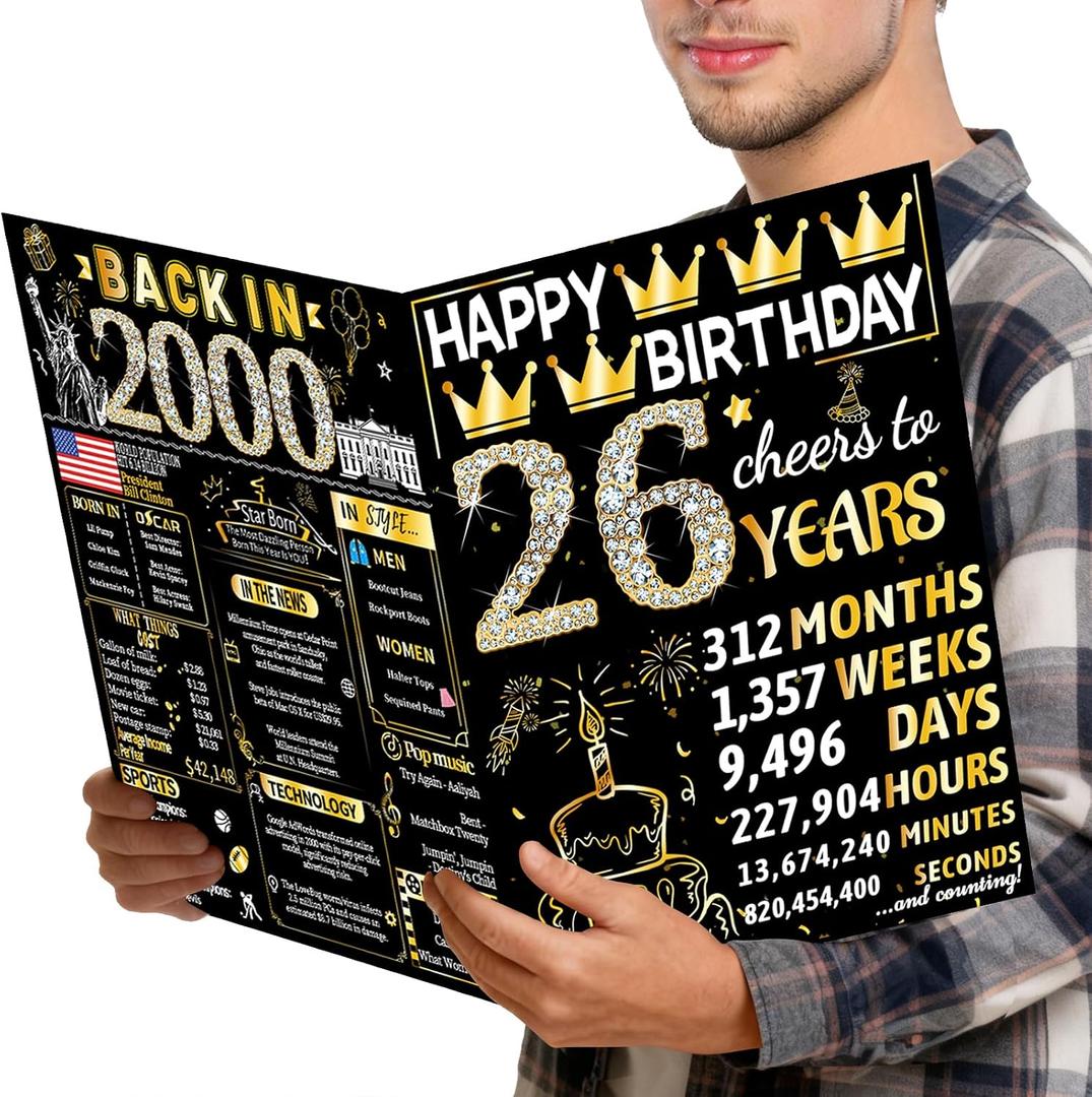 Joycard 26th Jumbo Birthday Card with Envelope, 26th Birthday Decorations for Women Men, 26th Birthday Gifts Her Him, Happy Birthday Cards for 26 Year Old Daughter Son, Back in 2000