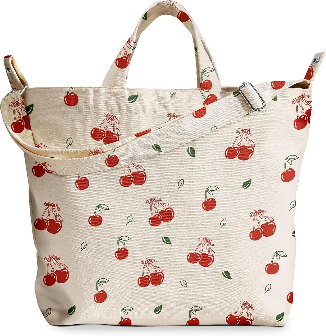 Gemfit Canvas Crossbody Tote Bag for Women – Cute Large Shoulder Bags with Zipper Interior Pocket Adjustable Long Strap for Work, Shopping, Travel, Reusable Grocery, Cherry