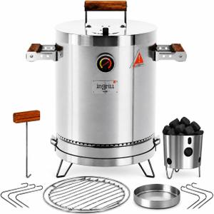 INGRILL Mini Charcoal Grill Smoker Portable BBQ 6 LBS Stainless Steel Barrel for Camping, Small Outdoor Cooking with Thermometer