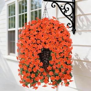 HyeFlora Artificial Fake Hanging Flowers Plants Baskets for Winter Christmas Outdoor Outside, Faux Silk Orange Daisy in Planter UV Resistant Orchid for Home Porch Garden Yard Patio Decor