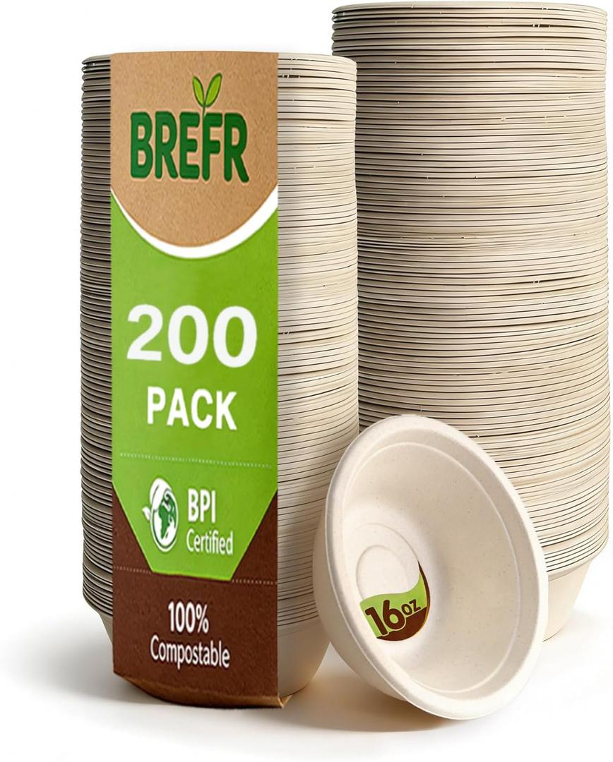 200 Pack 16oz Compostable Paper Bowls, Bulk Biodegradable Bowls Heavy Duty Sugarcane Bowls for Restaurant, Soup Shop, Meal Prep