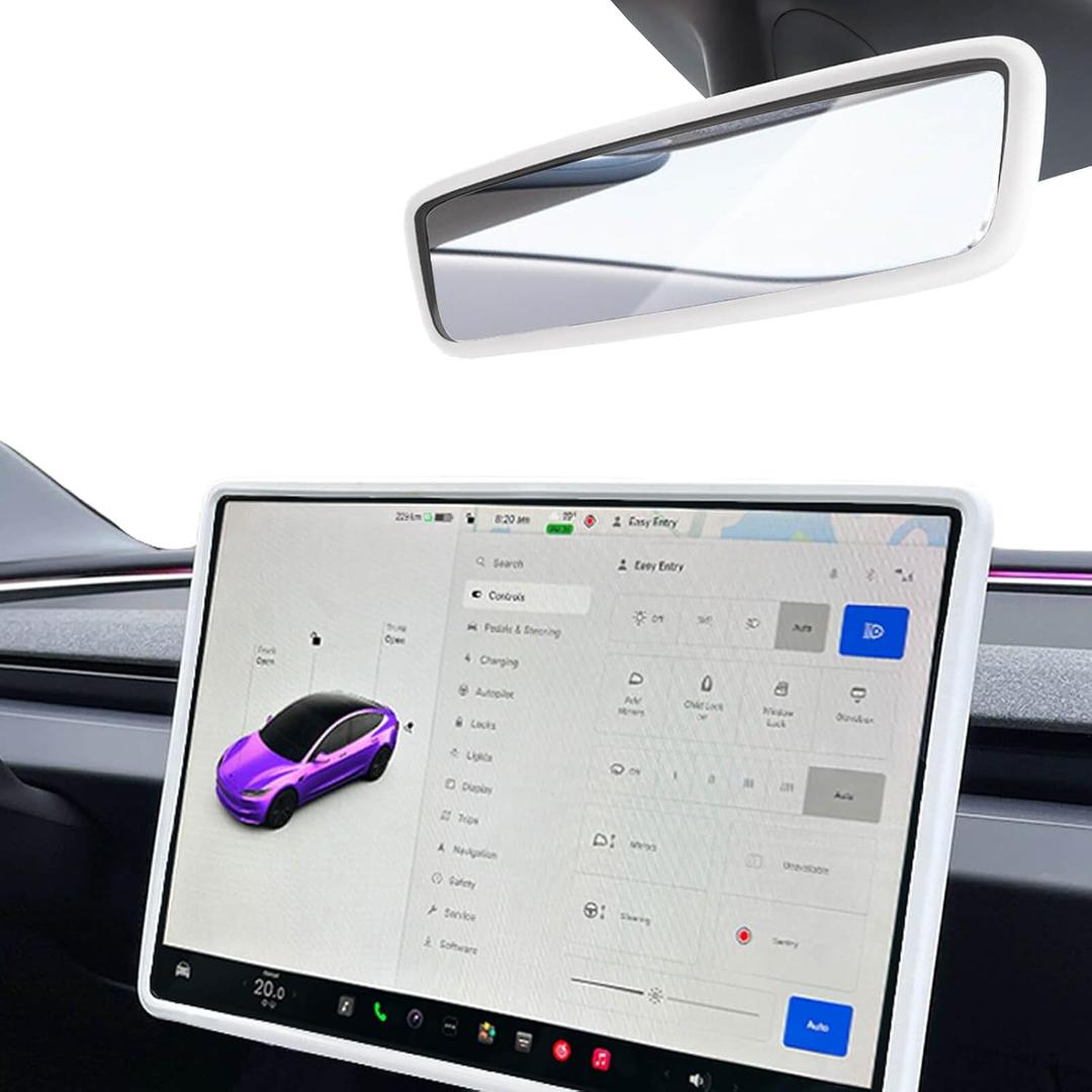 2Pcs Silicone Protector Frames of Screen and Rear View Mirror for Tesla Model 3 2024 Highland and Model Y 2025 Juniper. (White)