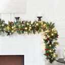 9ft Christmas Garland with Lights,Lighted Artificial Flowering Pine Garland for Mantle,Prelit Faux Green Christmas Winter Garland with Pine Cones and Red Berry for Indoor Outdoor Decor