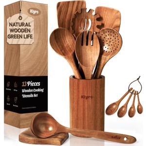 KLYRO Wooden Spoons for Cooking, Nonstick Kitchen Utensils Set with 4 Piece Measuring Spoons, Comfort Grip Wooden Spatula Set, 9 Piece Teak Wooden Cooking Utensils with Holder and Spoon Rest