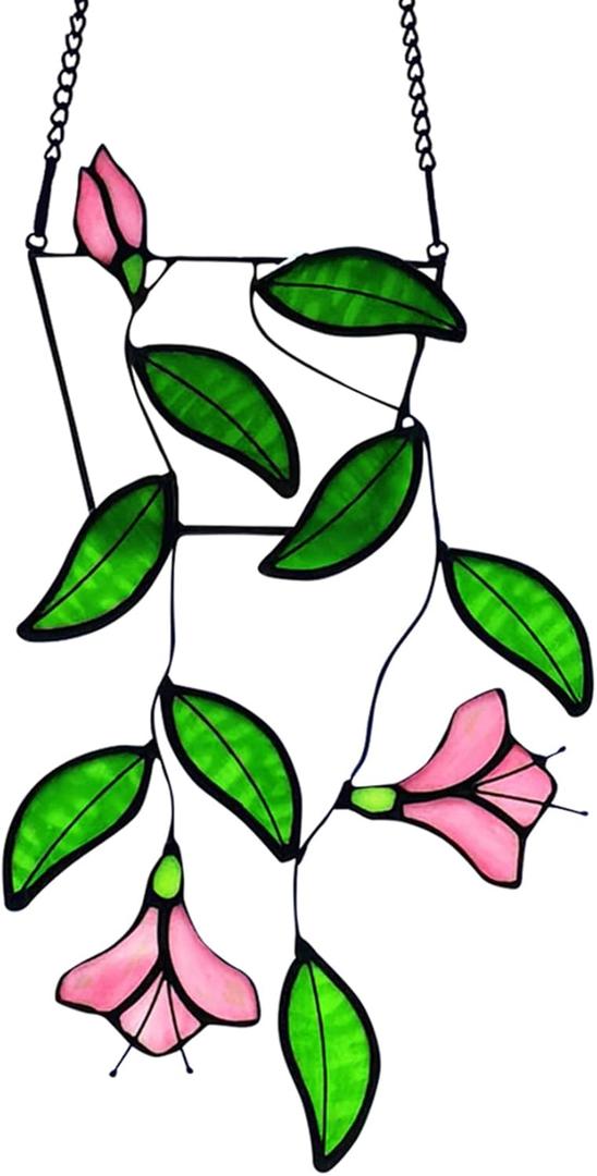 Plants Flower Stained Glass Window Hanging, Artificial Plants Sun Catchers Indoor Window, Stain Glass Suncatcher Hanging,Handcrafted Home Decor (Leaf With Flower)