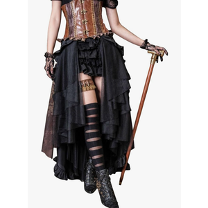 HaoLin Steampunk Retro Victorian Punk Cincher Lace up Long Ruffle Pencil Skirt Black
