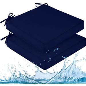 downluxe Waterproof Outdoor Chair Cushions for Patio Furniture, 22" x 22" x 3" Patio Chair Cushion with Adjustable Ties & Portable Handle, Square Outdoor Cushion with Removable Cover, Navy, 2 Pack