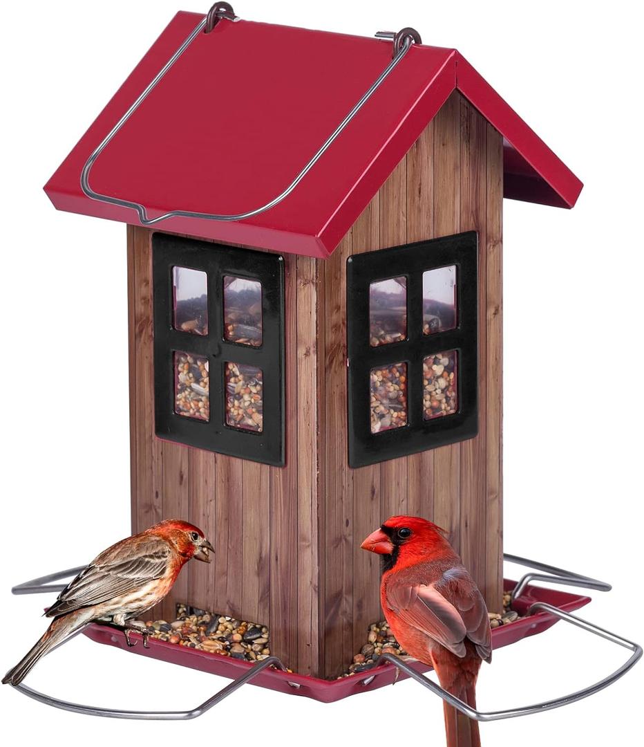 Kingsyard Cute Bird House Feeders for Outside, Hanging Metal Bird Feeder with 4 Ports, Outdoor Garden Yard Decorations for Cardinals Finches Chickadees Goldfinches & Sparrows Birds Watching (Red Roof & Black Window)