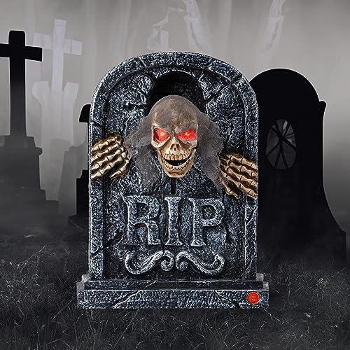 Motion Activated Halloween Animatronics Zombie Tombstone - LED Gravestone Decorations with Spooky Skeleton Skull Head, Light Up Eyes, Creepy Voice, Scary Motion Haunted Horror Prop for Indoor/Outdoor