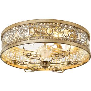 19" Flush Mount Caged Ceiling Fan with Light, Vintage Rustic Crystal Fandelier, Low Profile Ceiling Fans with Lights and Remote, 6 Speed Reversible for Bedroom Living Room Dining Room, 19.3 inch