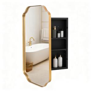 VIWILII Gold Metal Medicine Cabinet French Design,Bathroom Mirror with Storage, Recessed or Surface Mounted, 2 Adjustable Metal Shelves (Brushed Gold, 20x26)