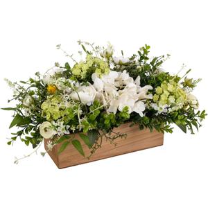 Spring Summer Centerpiece for Table, 18" L Lifelike Artificial Flowers in Rustic Whitewashed Rectangular Wood Box, Lush Spring Faux Floral Arrangement Farmhouse Mantel Shelf Kitchen Island Decor