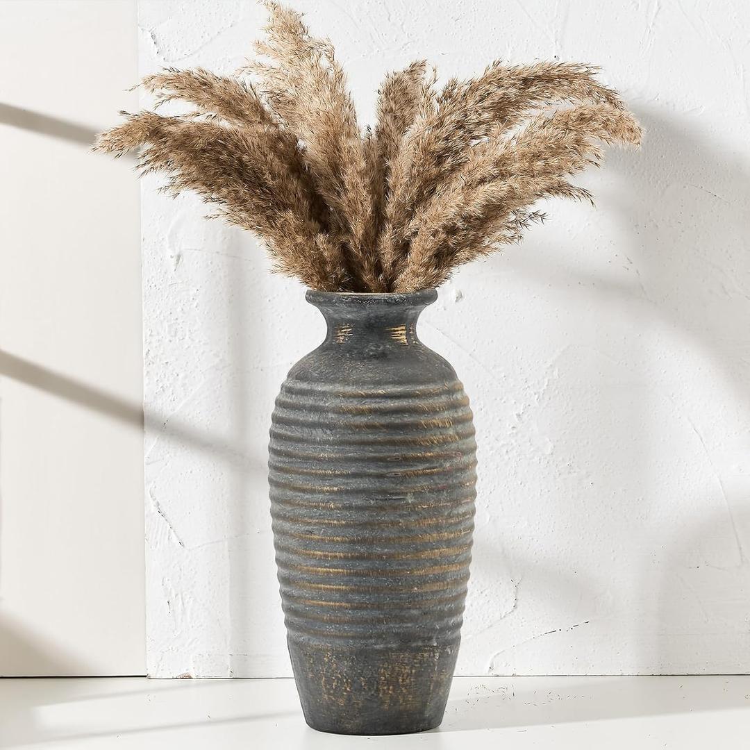 Ceramic Natural Rustic Vase, 14.4 Inch Large Vintage Flower | Threaded Decorative | Farmhouse Tall Vase for Home Decor, Living Room, Shelf Decor, Gift, Bronze