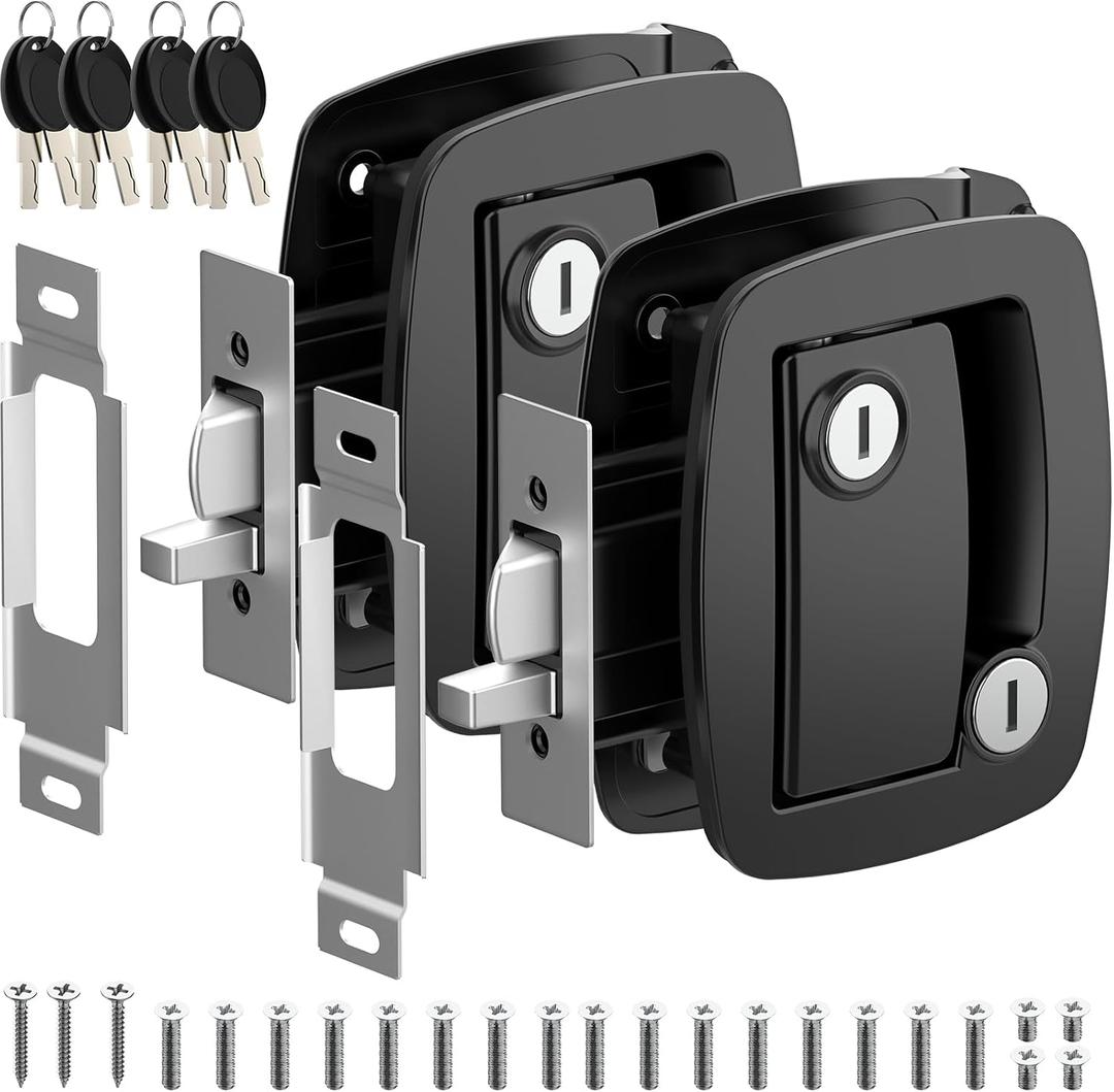 WELLUCK RV Door Lock Replacement with Paddle Deadbolt, 100% Metal Camper Door Latch Handle Lock, RV Entry Door Lock for Camper Horse Travel Trailer Cargo Hauler (2PC Black)