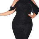 Hanna Nikole Women's Plus Size Glitter Cocktail Dress Chiffon Cape Sleeve Midi Bodycon Dress for Wedding Guest Formal Party (Black) 22 Plus