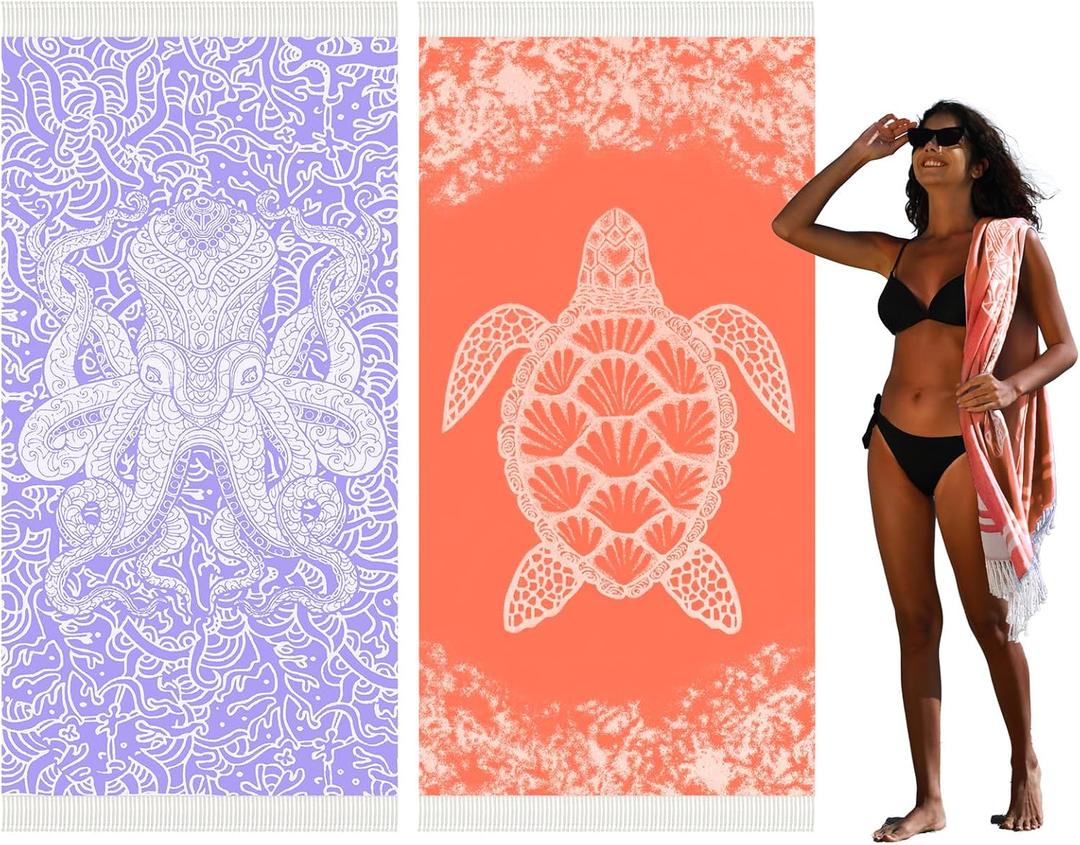 Thin Turkish Beach Towel Lightweight Quick Dry Absorbent Cotton Bathroom Bath Pool Swim Towels Extra Large Oversized Sand Free Beach Accessories Essentials Cloud Gifts for Adult (X-Large(79 x 36 inches,200 x 90 cm), 2 Pack Purple Octopus Orange Turtle)