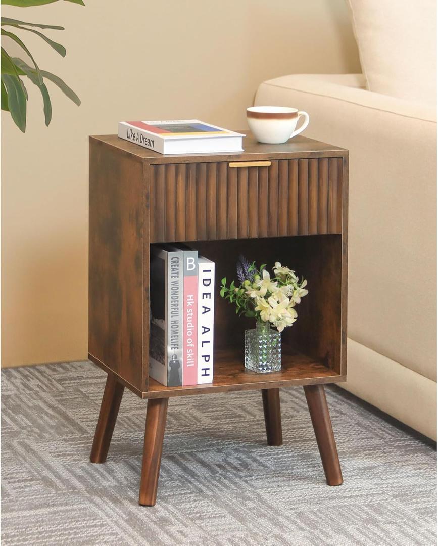 Fultyle Mid Century Modern Nightstand, Wood Bedside Table with Drawer and Opening Storage, End Table Living Room Fluted Night Stand with Solid Wood Legs for Bedroom (Rustic Brown)