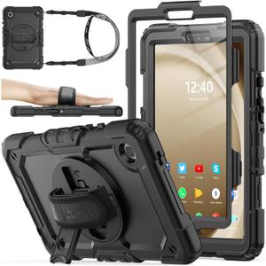 SEYMAC Stock Case for Samsung Galaxy Tab A9 8.7'', Full-Body Drop Protection Case with Screen Protector Pencil Holder [360 Rotating Hand Strap] &Stand, Black