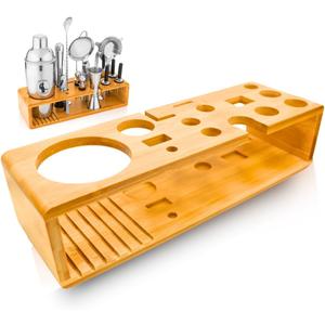 Cocktail Shaker Set Stand Only - Wooden Bartender Kit Stand - Bar Accessories Storage Holds Up to 15 Pcs - Bar Tools Set Bamboo Stand for Home Or Bar