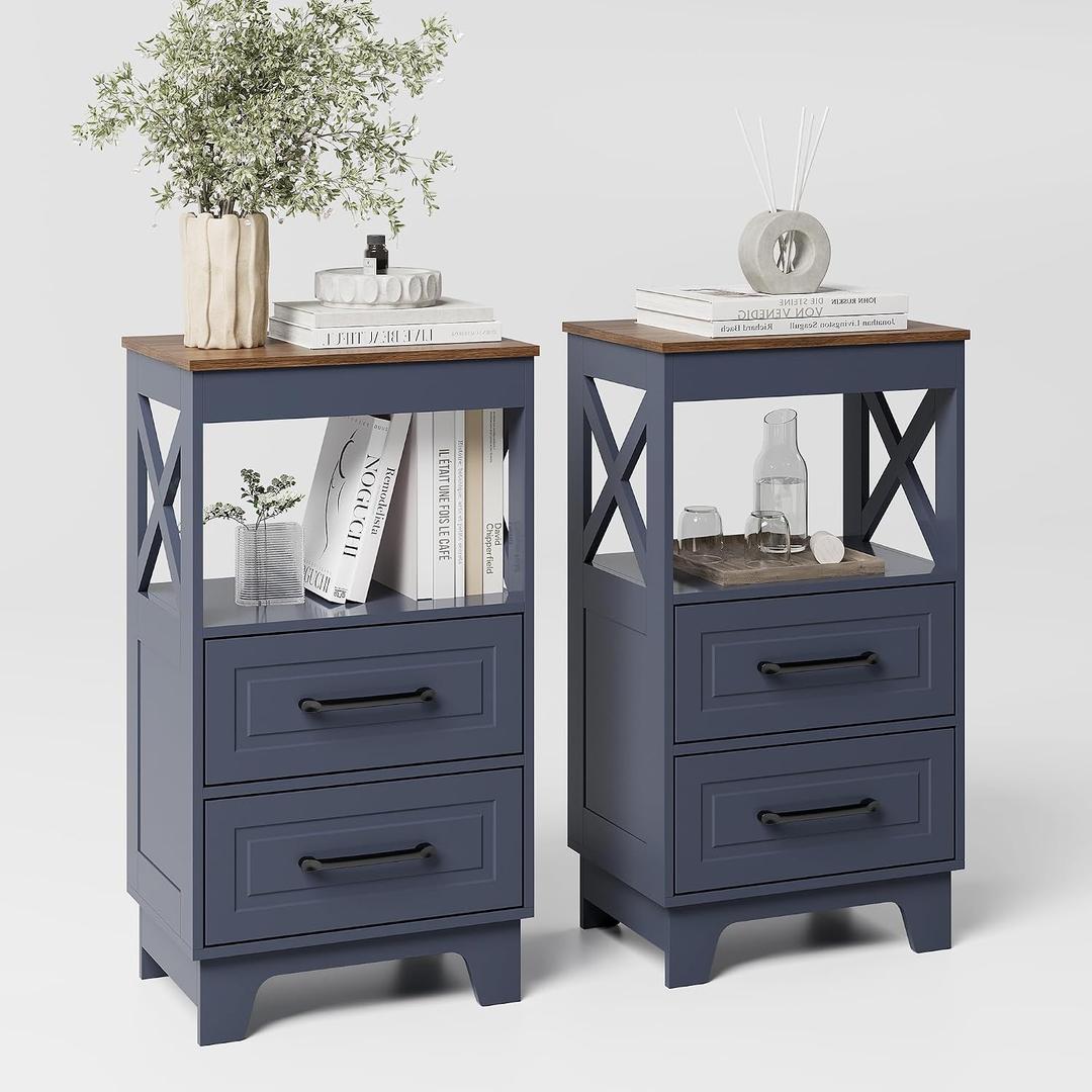 Tall Nightstand Set of 2 Side Table with 2 Drawers Modern Night Stand Wooden Rustic End Table Bedside Table with Upper Open Shelf Solid Feet for Bedroom Navy Blue+Walnut, Bottom Drawers