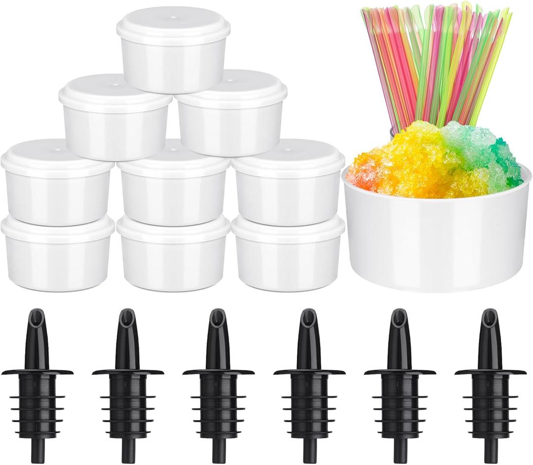 Reallnaive Shaved Ice Supplies 10 Pcs Hawaiian Freezer Molds with Lids 6 Pcs Syrup Bottle Pourers 50 Spoon Straws for Snow Cone & Drink Flavors for Kitchen Family Shaved Ice Making