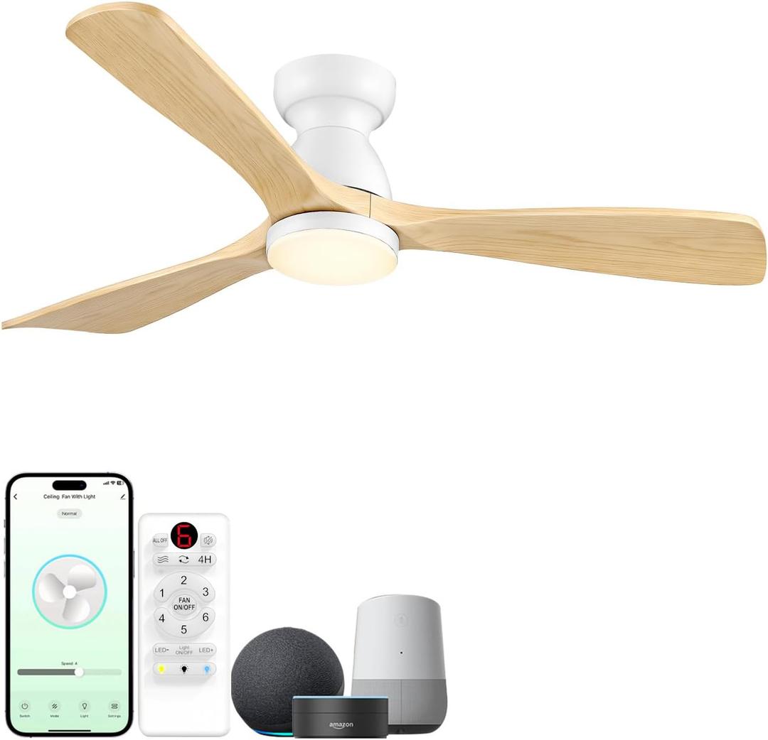 60 inch Smart Flush Mount Ceiling Fan with Lights,Low Profile Wood Ceiling Fan with lights Works with App&Alexa/Gg Voice Control&Remote,Quiet DC Motor for Covered Patio Porch,Nature Wood